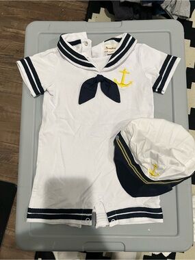 Nautical Sailor Romper & Hat Set - White and Navy